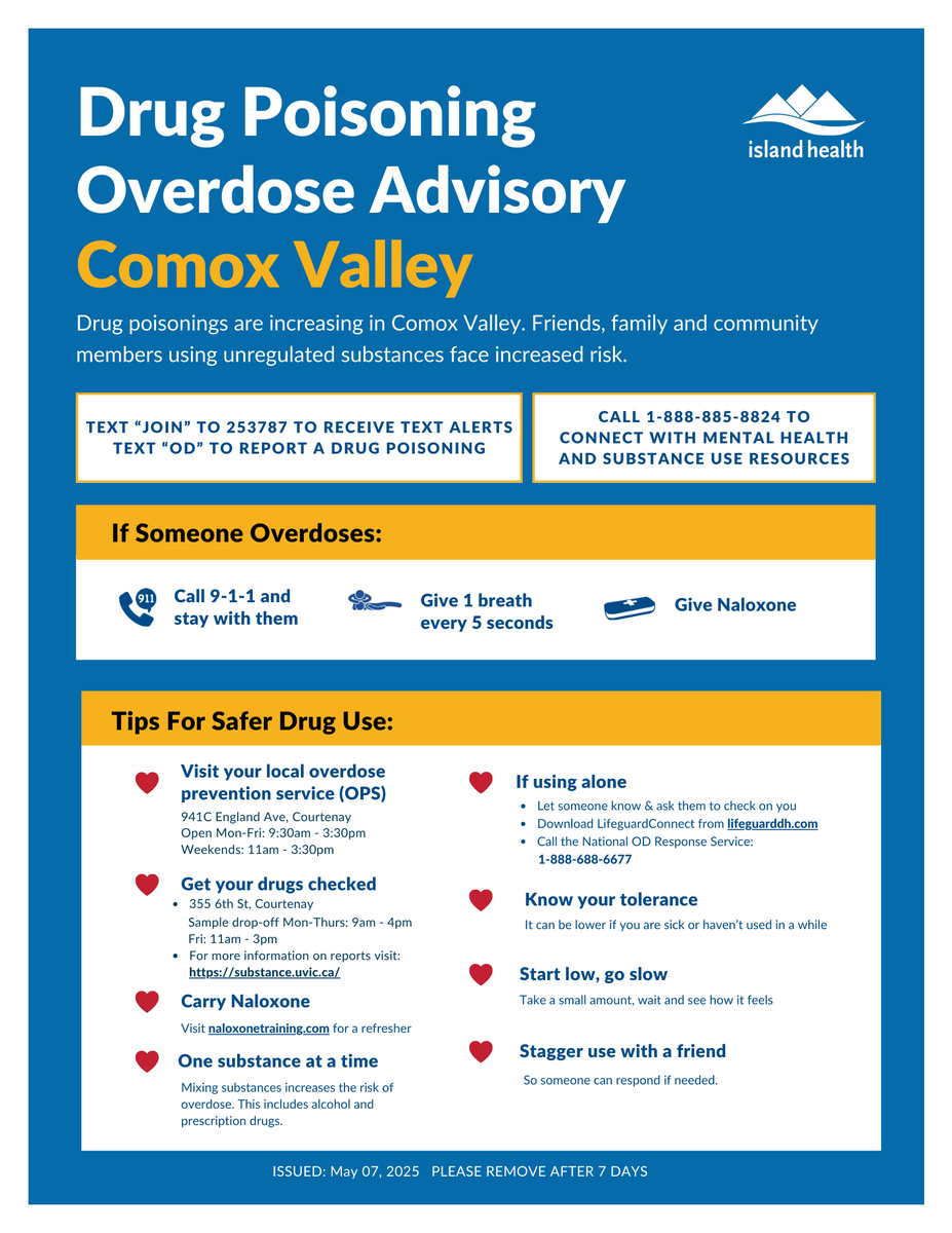 PLEASE SHARE: A Drug Poisoning/Overdose Advisory has been issued for #ComoxValley.

Find information on supervised consumption sites, drug-checking services &amp; more: ow.ly/FgyS50PLkLF