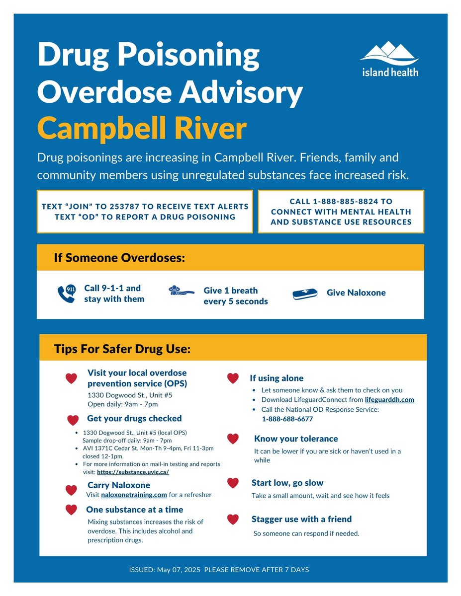 PLEASE SHARE: A Drug Poisoning/Overdose Advisory has been issued for #CampbellRiver.

Find information on supervised consumption sites, drug-checking services &amp; more: ow.ly/FgyS50PLkLF