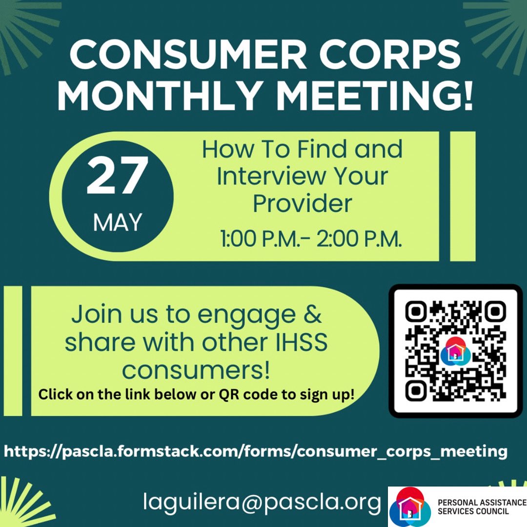 pasc_la's tweet photo. Save the date!

The Consumer Corps meeting will be held through zoom.

Get involved and be your own advocate!

To register, please go to https://t.co/SA6a3OU0hd or by contacting Liliana by phone at (626) 737-7522 or by emailing laguilera@pascla.org. 

#consumercorps #pasc #pascla https://t.co/P1ufimt65t