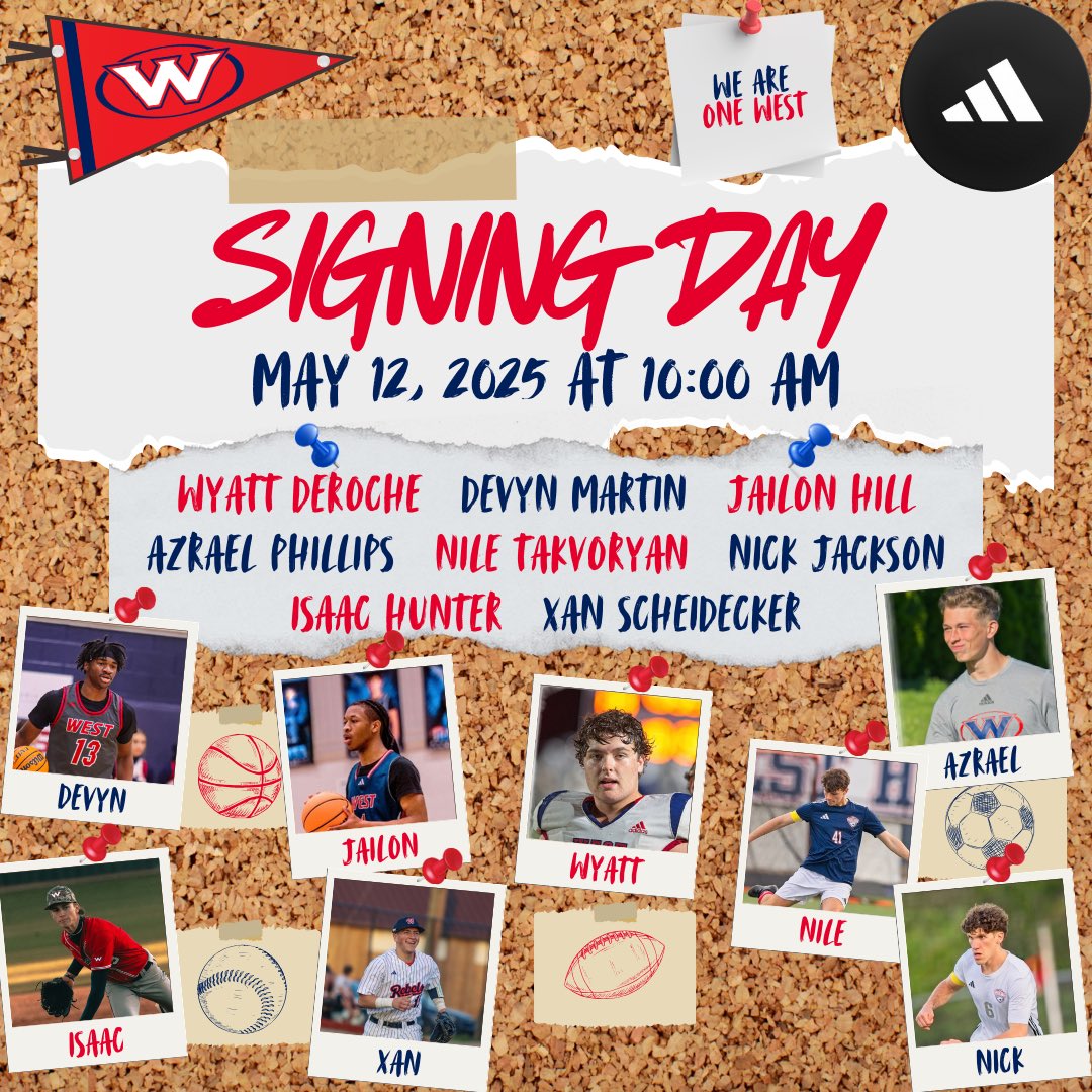 Our next signing day will take place in the main auditorium on Monday at 10:00 AM. Eight senior athletes will be signing the paperwork to begin the next chapter of their academic and athletic journeys! #OneWest