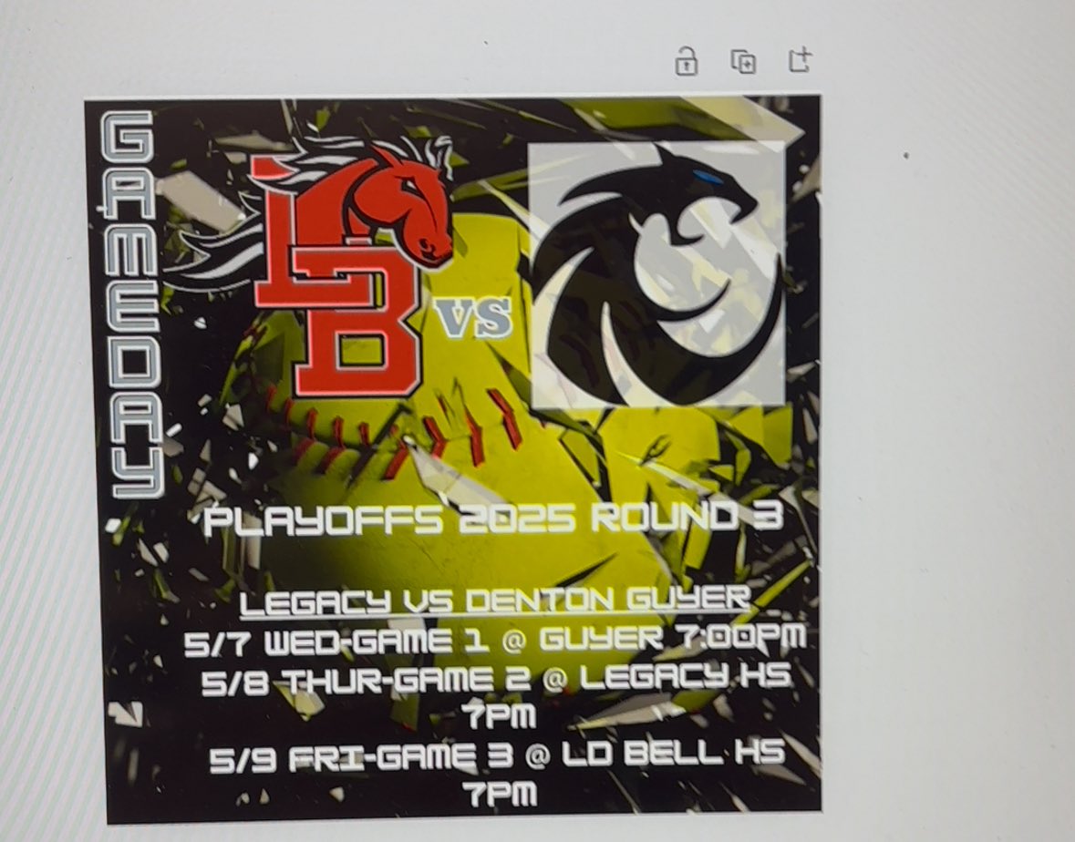 Playoff round three starts tonight vs Denton Guyer. Lets Go!!!! Tonight 7 at Guyer, Tomorrow 7 at Legacy, Friday 7 at LD Bell if needed.