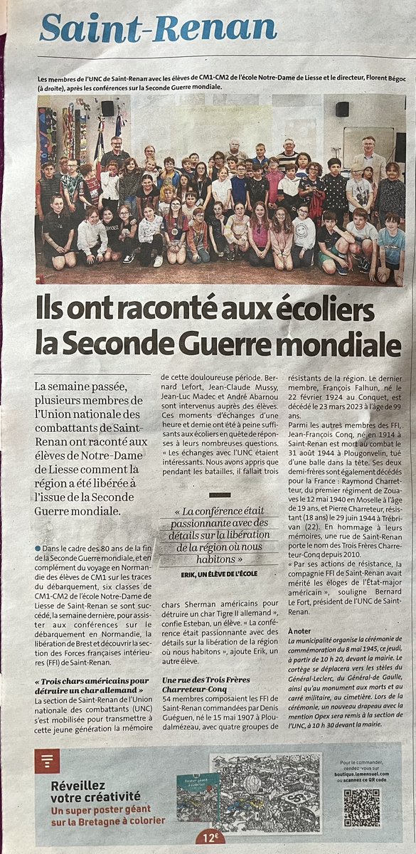 Liesse29's tweet photo. Ces derniers jours, plusieurs membres de l’Union nationale des combattants de Saint-Renan ont raconté aux élèves de Notre-Dame de Liesse comment la région a été libérée à l’issue de la Seconde Guerre mondiale. https://t.co/Do6w41wCQl