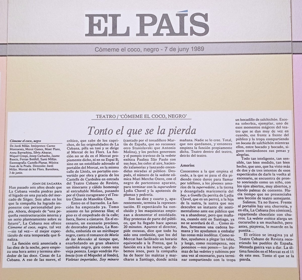 Aquesta joia de crítica del mestre Sagarra a <a href="/el_pais/">EL PAÍS</a> és una de les moltes perles que trobem en l'exposició #LaCubana45anys que es pot veure al <a href="/palaurobert/">Palau Robert</a> fins al 25 de maig 🦜🦚🪶🎭