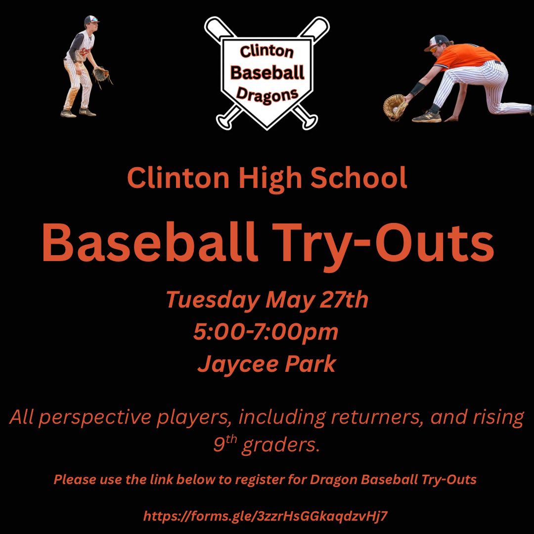 Clinton Dragons Baseball (@chsdragonsbsb) on Twitter photo 🚨Dragon Baseball Try-Out Info🚨
2025-2025 Baseball Season
Open to all perspective players including returners, and rising 9 graders.
🗓️ Tues - May 27, 2025
⏰ 5:00-7:00pm
If you have any questions, please email Head Coach Eric Hart - ehart@acs.ac 🚨Dragon Baseball Try-Out Info🚨
2025-2025 Baseball Season
Open to all perspective players including returners, and rising 9 graders.
🗓️ Tues - May 27, 2025
⏰ 5:00-7:00pm
If you have any questions, please email Head Coach Eric Hart - ehart@acs.ac