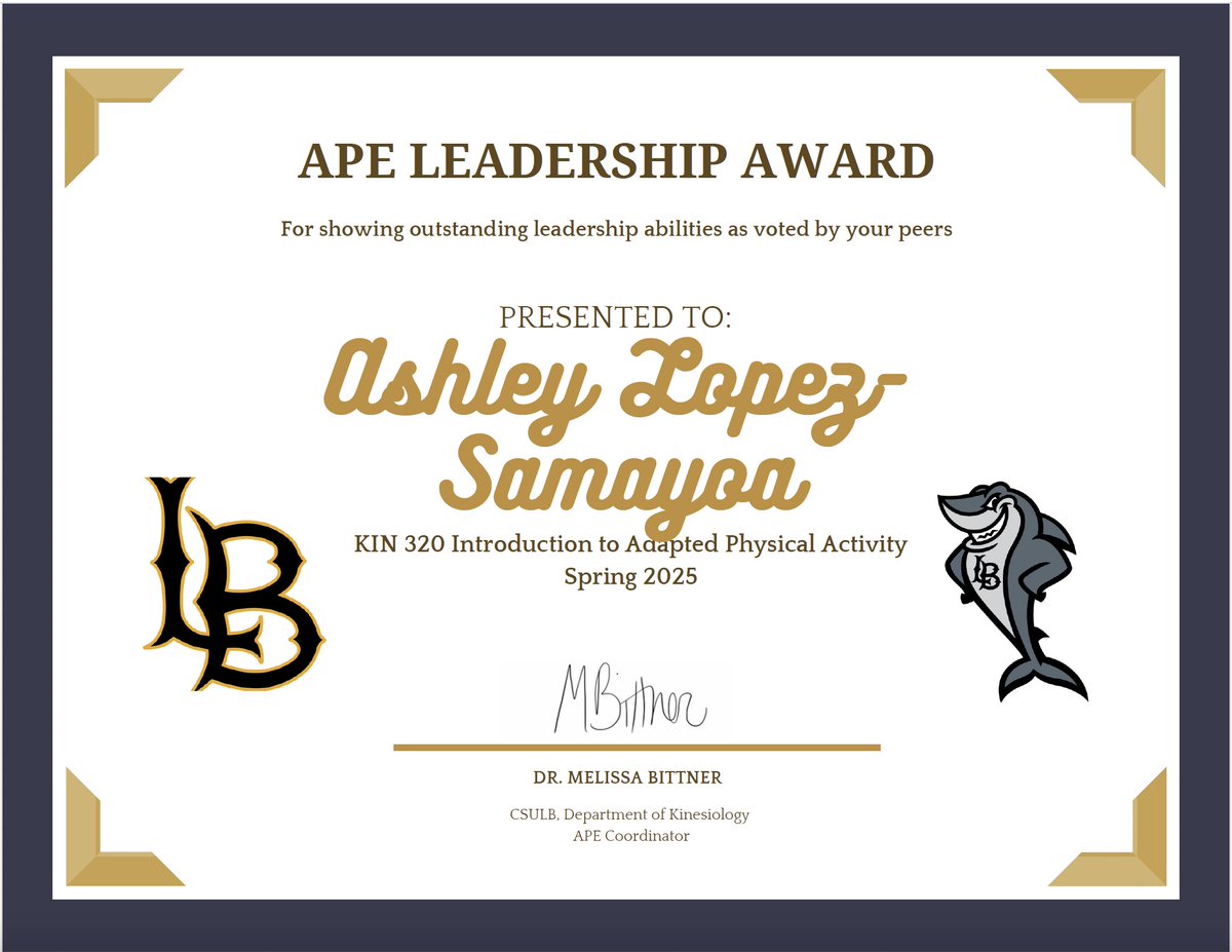 Congratulations to KiiKii Brown and Ashley Lopez-Samayoa for winning the APE Leadership Award in KIN 320 Introduction to Adapted Physical Education for spring 2025!