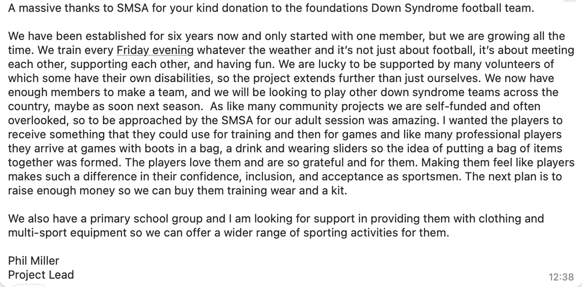 A kind message of thanks from Phil Miller on behalf of the Down syndrome Team: