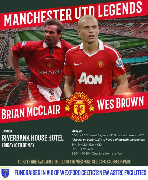 Our friends at Wexford Celtic are holding a Manchester United legends night at the Riverbank House Hotel on 16th May in aid of their new Astro Facilities

Purchase your tickets at member.clubspot.app/club/wexford-c…