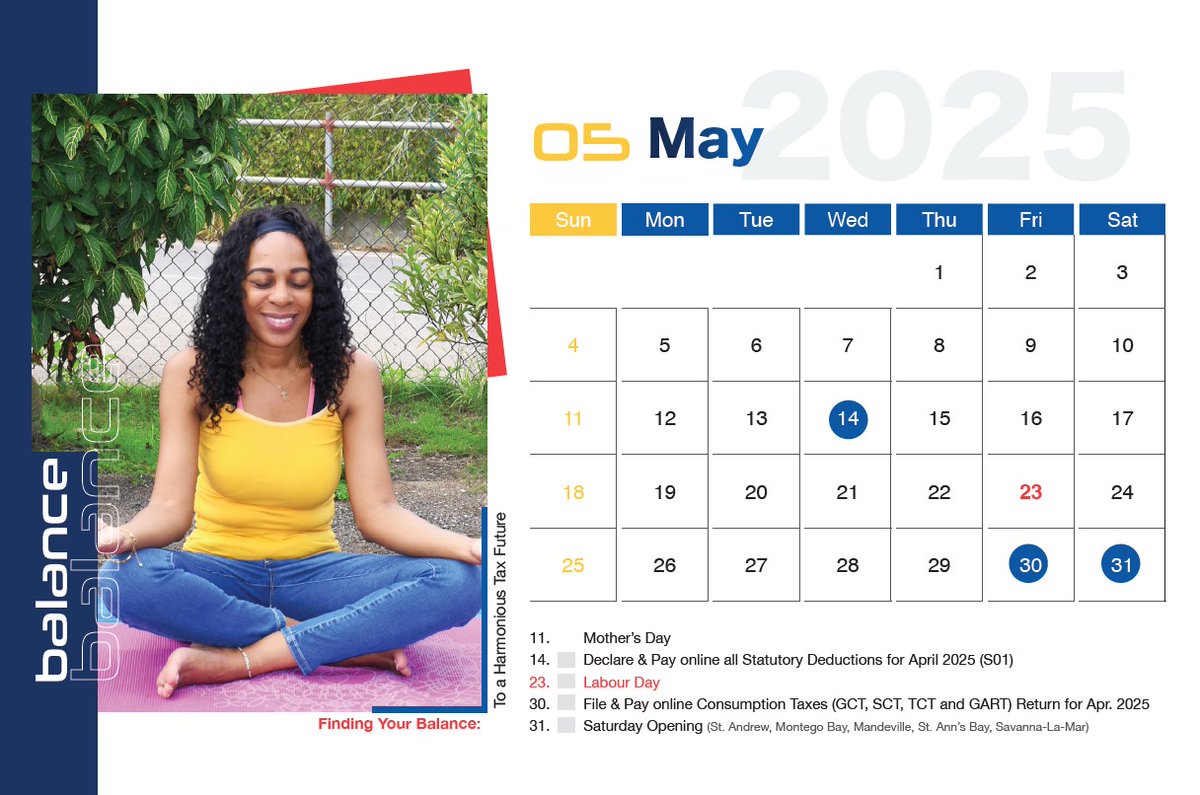 JamaicaTax (@jamaicatax) on Twitter photo Don't forget your May dates. Let the TAJ calendar for May be your guide.
#MayDays #TaxDueDates #TaxCompliance
<a href="/theJMEA_/">Jamaica Manufacturers and Exporters Association</a> <a href="/thePSOJ/">The PSOJ</a> <a href="/MOFJamaica/">Ministry of Finance Jamaica</a> <a href="/MSMEAlliance/">MSME Alliance</a> <a href="/Icajchartered/">ICAJ</a> Don't forget your May dates. Let the TAJ calendar for May be your guide.
#MayDays #TaxDueDates #TaxCompliance
<a href="/theJMEA_/">Jamaica Manufacturers and Exporters Association</a> <a href="/thePSOJ/">The PSOJ</a> <a href="/MOFJamaica/">Ministry of Finance Jamaica</a> <a href="/MSMEAlliance/">MSME Alliance</a> <a href="/Icajchartered/">ICAJ</a>