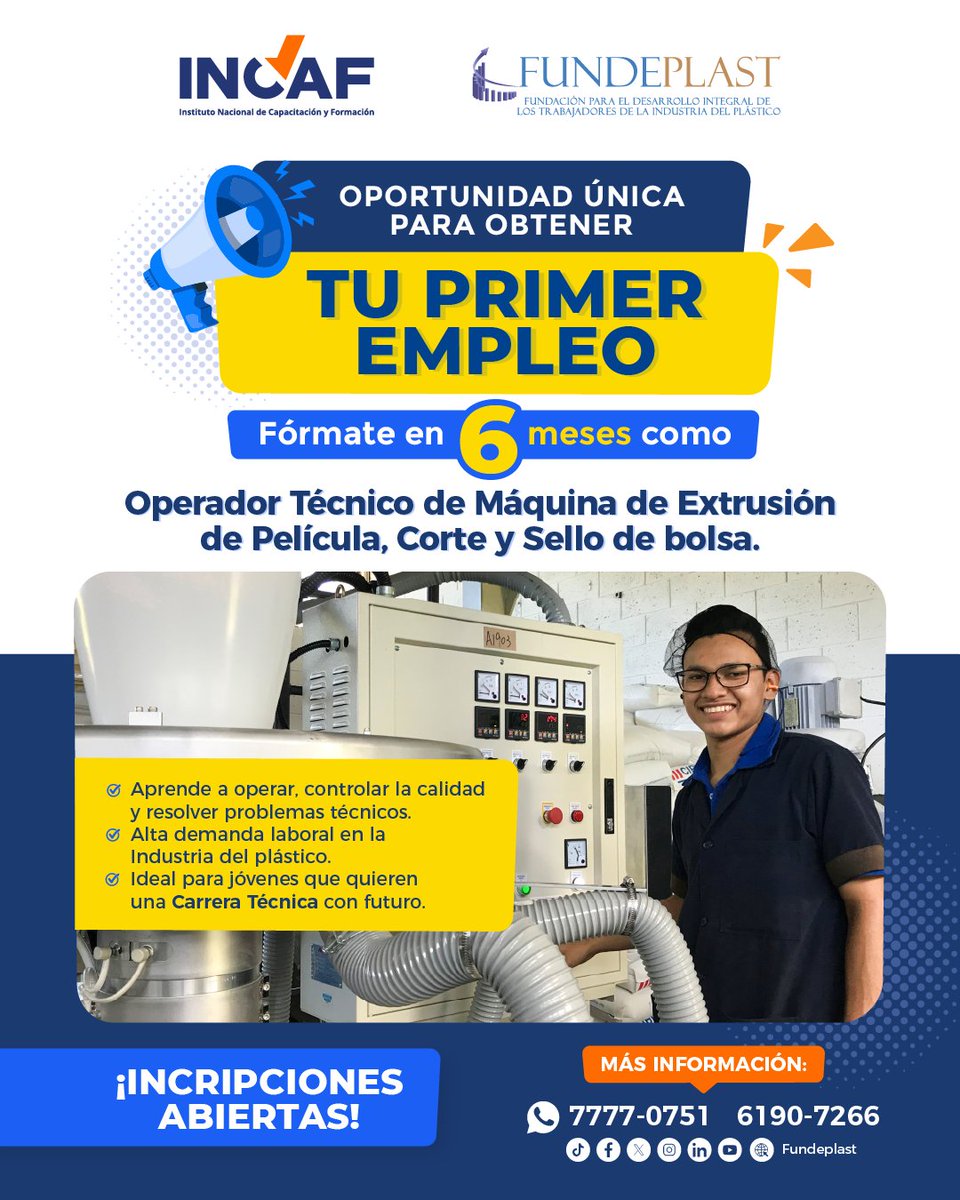 💡 ¿Buscas tu primer empleo en la industria del plástico?  ¡Tu oportunidad de iniciar una carrera técnica con futuro! 
📢 ¡Inscripciones abiertas! 
Contáctanos:
📞 7777-0751 / 6190-7266

#PrimerEmpleo #IndustriaPlástica #CapacitaciónTécnica #FUNDEPLAST #INCAF #OportunidadLaboral