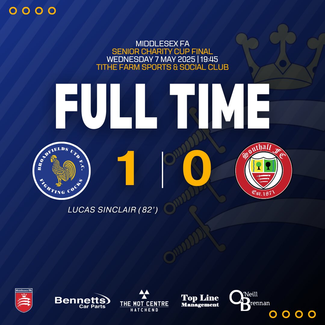 BroadfieldsUtd's tweet photo. FT: Broadfields United 1-0 Southall

And that’s time and we win the Middlesex Senior Charity Cup once again 

Throughly deserved on the night by all the lads, some shift by them all

All the best to our friends from Southall 

#Broadies #UTC https://t.co/Nqu59X1UFO