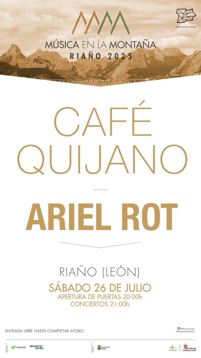 Artistik Prod. (@artistikp) on Twitter photo 🏔️ <a href="/Cafe_Quijano/">cafequijano</a> y <a href="/ArielRotOficial/">Ariel Rot</a> en un escenario único: las montañas de #Riaño.
Sábado 26 de julio, ven a disfrutar de la mejor música en directo rodeado de naturaleza.
🎫 Entrada libre hasta completar aforo
#Riaño2025 #CaféQuijano #ArielRot #Concierto #LeónEsp <a href="/CyLEsVida/">Turismo Castilla y León</a> 🏔️ <a href="/Cafe_Quijano/">cafequijano</a> y <a href="/ArielRotOficial/">Ariel Rot</a> en un escenario único: las montañas de #Riaño.
Sábado 26 de julio, ven a disfrutar de la mejor música en directo rodeado de naturaleza.
🎫 Entrada libre hasta completar aforo
#Riaño2025 #CaféQuijano #ArielRot #Concierto #LeónEsp <a href="/CyLEsVida/">Turismo Castilla y León</a>