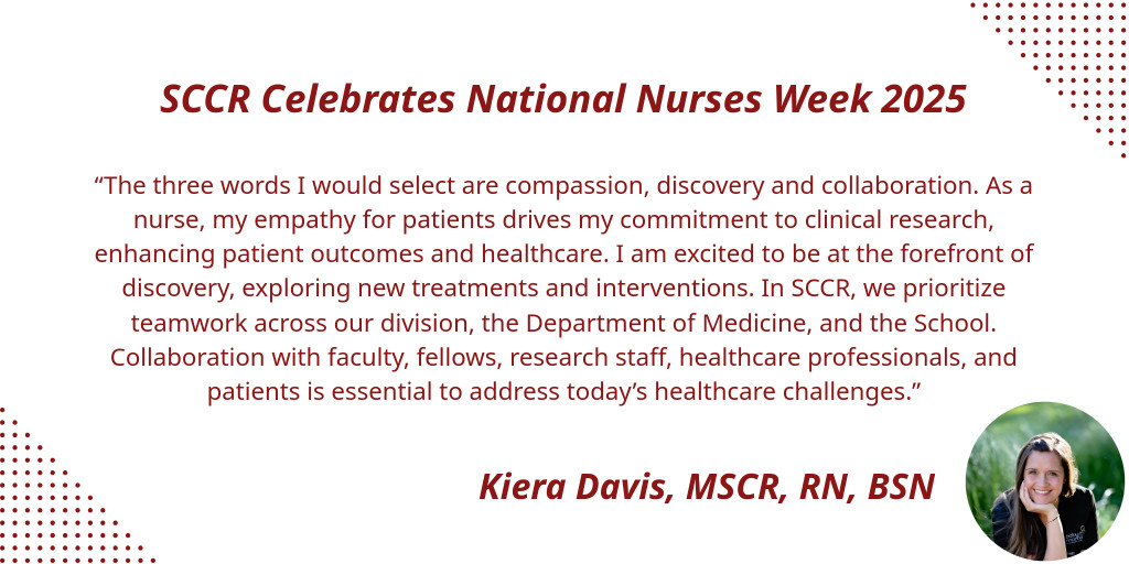Our celebration of #NursesWeek2025 continues! Here, #SCCR's Kiera Davis, MSCR, RN, BSN, reflects on which three words she would use to describe her journey in #ClinicalResearch.