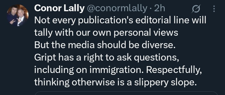 The real 'slippery slope' is normalising far-right disinformation &amp; propaganda agitators as journalists. It's one of the factors contributing to the rise of fascism around the world. But GRIFT'S targets are asylum seers, LGBT people, feminists &amp; socislists so Conor doesn't care.