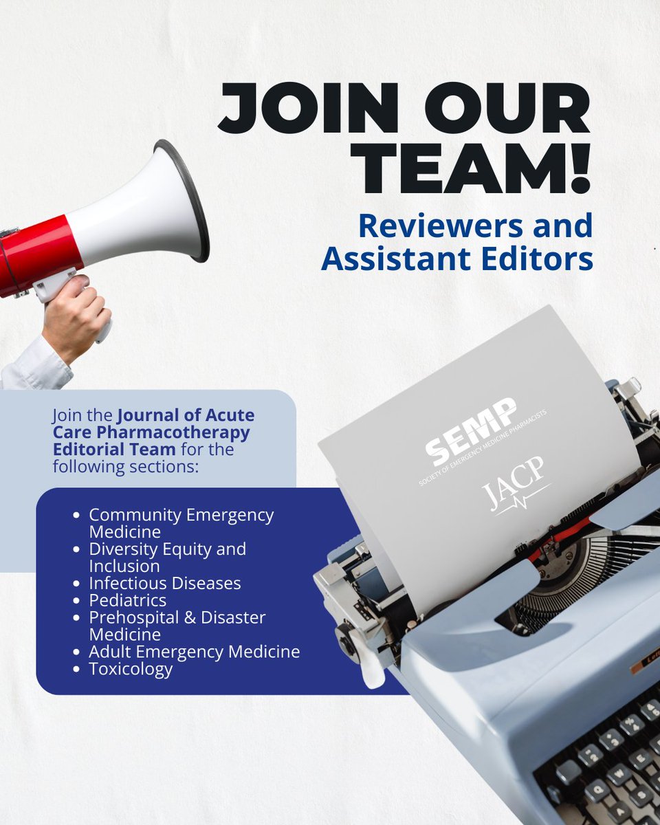 Journal of Acute Care Pharmacotherapy (@journaljacp) on Twitter photo Reviewers & Asst. Editors wanted for the Journal of Acute Care Pharmacotherapy! 🚨
Contribute your expertise in EM, ID, Peds, Tox & more. First board meeting soon—apply today:
👉 empharmacists.org/interest-form-…
<a href="/EMpharmacists/">Society of Emergency Medicine Pharmacists</a>
#Pharmacy #AcuteCare #JACP #MedicalPublishing Reviewers & Asst. Editors wanted for the Journal of Acute Care Pharmacotherapy! 🚨
Contribute your expertise in EM, ID, Peds, Tox & more. First board meeting soon—apply today:
👉 empharmacists.org/interest-form-…
<a href="/EMpharmacists/">Society of Emergency Medicine Pharmacists</a>
#Pharmacy #AcuteCare #JACP #MedicalPublishing