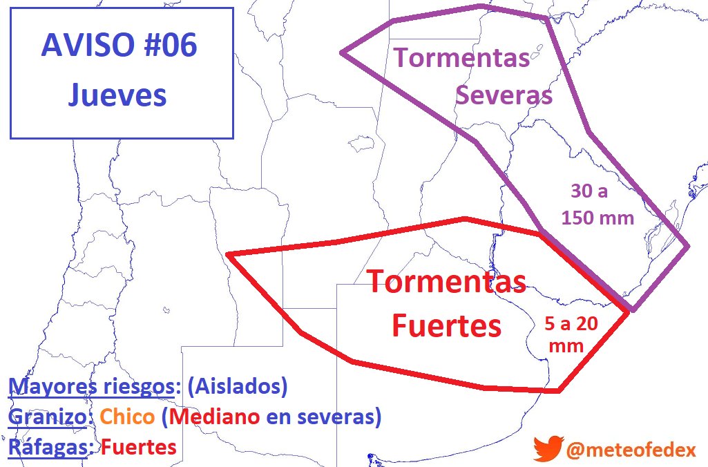 #Tormenta JUEVES | Avanza aire más seco (Por fin) sobre la zona central, no sin antes nuevas tormentas en la madrugada sobre la zona en rojo. También habrá severas todo el día sobre la zona violeta, con acumulados muy altos.

Las seguimos como siempre, luego a descansar ☀️