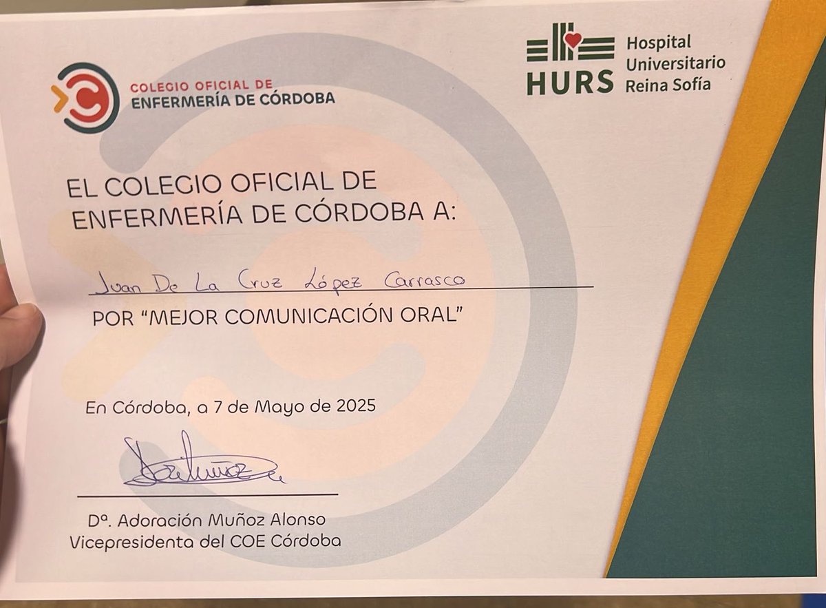 Finalizan las II Jornadas de Investigación en Cuidados del <a href="/HUReinaSofia/">Hospital Universitario Reina Sofía</a> de enhorabuena 👏🏼

🥇Mejor comunicación oral:
Cronoprevención de caídas intrahospitalarias. Análisis de series temporales 🏥📉 ✍🏻Juan de la Cruz López C.

Muchas gracias al comité organizador y científico!