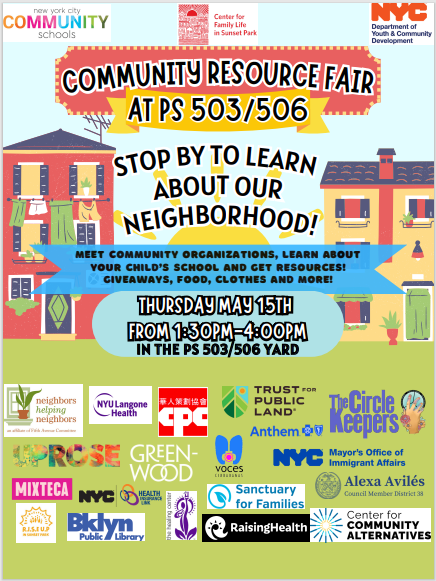 CMAlexaAviles's tweet photo. Community Resource Fair at PS503/506!

Join us May 15 from 1:30-4pm to connect w/ community support orgs, get food, clothes &amp; more!

We are partnering w/ @NHN_BK @NYULangoneBK @GreenwoodCem @UPROSE @cpc_nyc @MixtecaOrg @BKLYNlibrary @raisinghealth_ @tpl_org @CenterforFamSP +more! https://t.co/3VOsu6pAcV