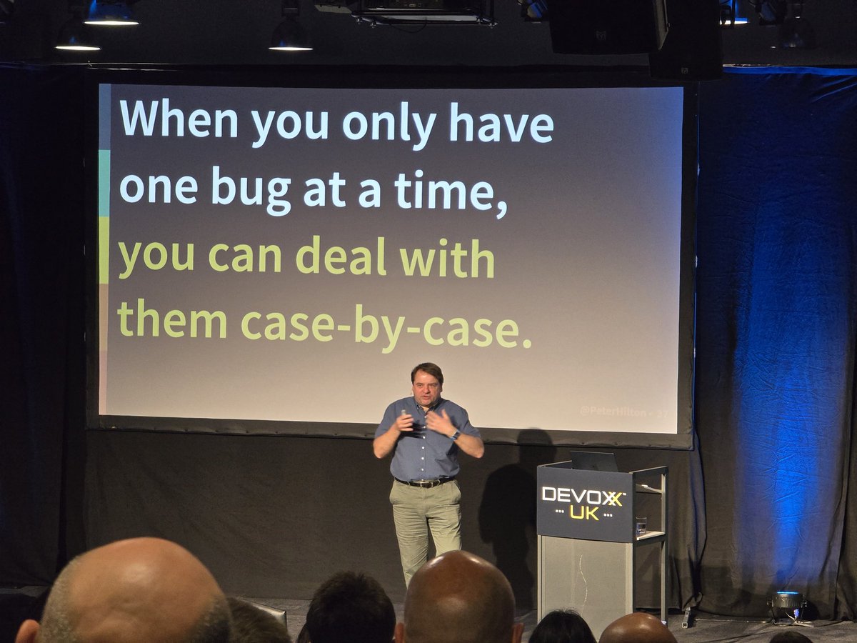 antetmc2's tweet image. Awesome to see @PeterHilton again after @DevoxxUK last year! Was very curious about his topic because it was about zero-bug policy success. I am always very curious about experiential stories and it gave some great insights. Plus, I&apos;ve learned about the Joel tests which I didn&apos;t…
