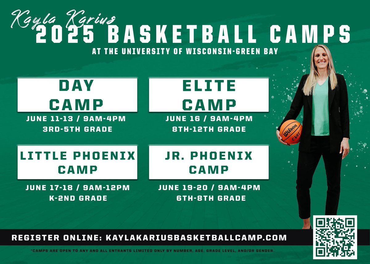 Green Bay WBB camp information! Please share with anyone that might be interested, would love to see you there!
Go Phoenix💚
kaylakariusbasketballcamp.com