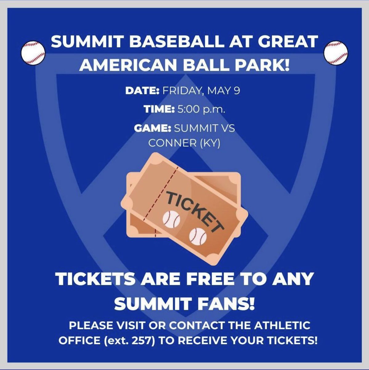 Summit Athletics (@scdathletics) on Twitter photo We hope that you will join us in supporting <a href="/SummitBaseball2/">Summit Baseball 2024-25</a> this Friday night at Great American Ball Park as they take on Conner High School!
Tickets are ๐
๐๐๐ for Summit fans! Contact the Athletic Department to claim your ticket. We hope that you will join us in supporting <a href="/SummitBaseball2/">Summit Baseball 2024-25</a> this Friday night at Great American Ball Park as they take on Conner High School!
Tickets are ๐
๐๐๐ for Summit fans! Contact the Athletic Department to claim your ticket.