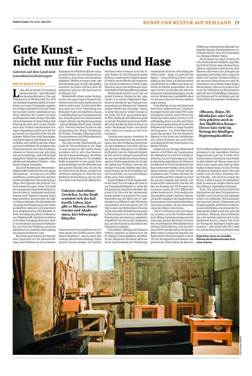 Eine von vielen in der Stadt - oder konkurrenzlos in der Provinz? Ländliche Galerien leisten weit mehr als reinen Kunsthandel. Warum sie trotz aller Widrigkeiten unerlässlich für das kulturelle Leben sind, zeigt Birgit Maria Sturm im aktuellen Schwerpunkt: politikkultur.de/schwerpunkte/r…