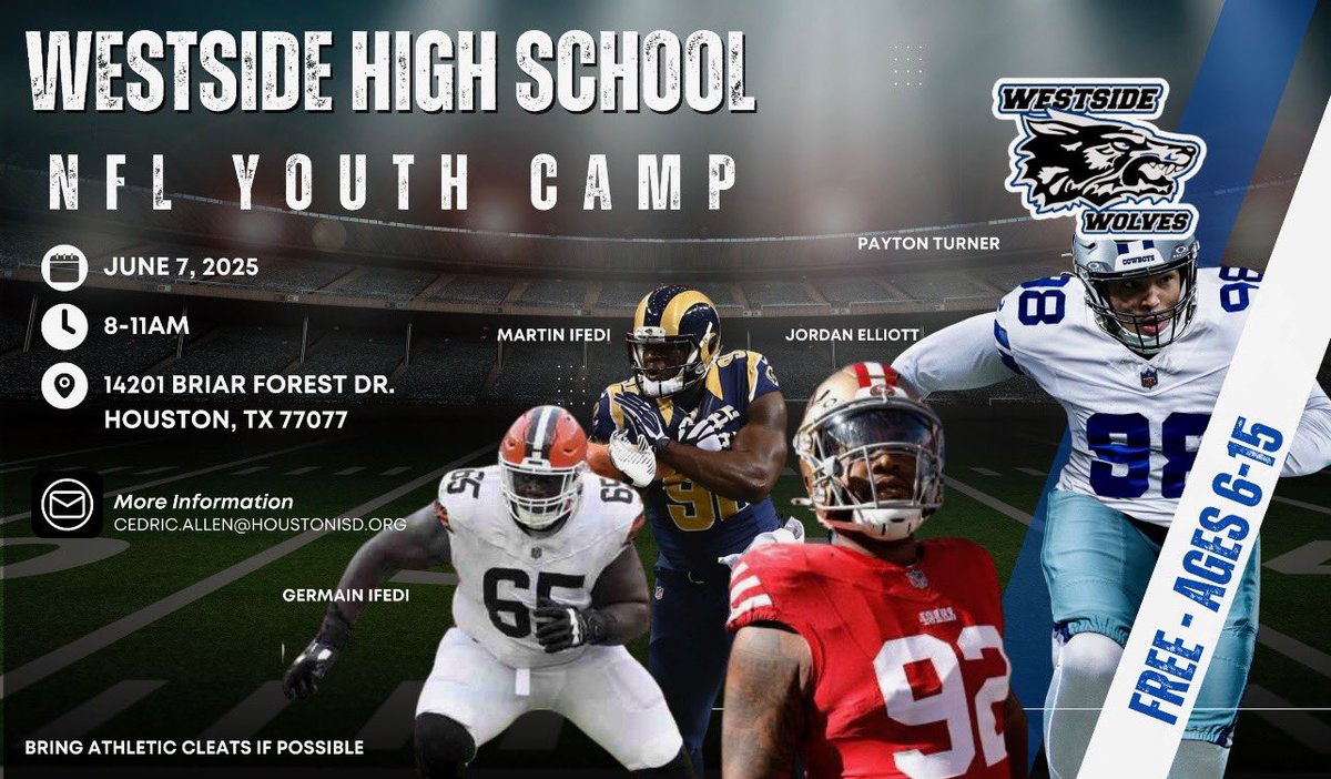 2nd Annual Westside HS NFL Youth Camp
June 7th 
8am-11am
IT’S FREEE