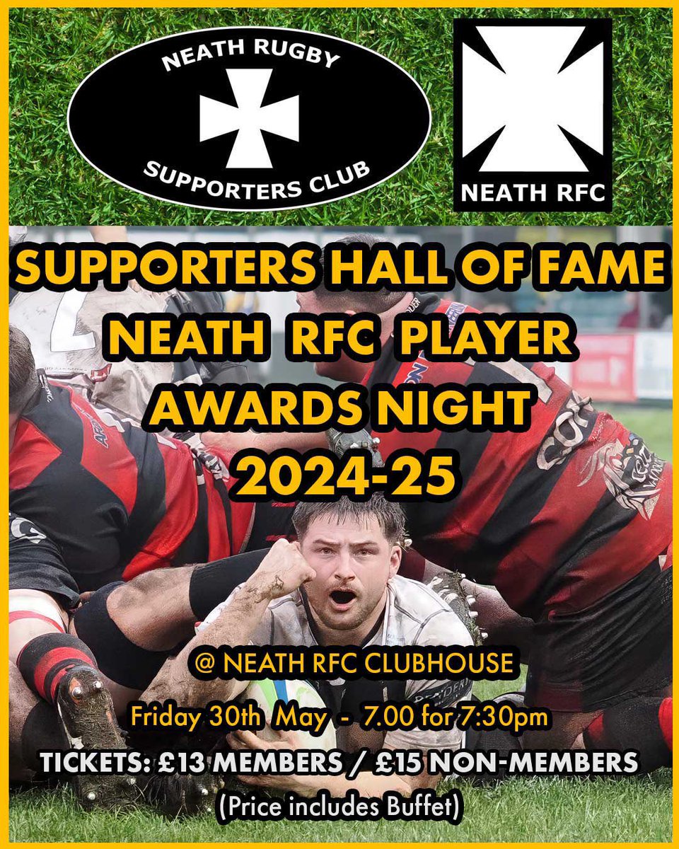 neathsupporters's tweet image. 🚨 NEATH RUGBY SUPPORTERS’ CLUB HALL OF FAME / NEATH RFC PLAYER AWARDS NIGHT 🚨

🏅 Supporters Club “Hall of Fame” / Neath RFC Player Awards🏅
📅 Join us for this year’s event on Friday 30th May 2025  
⏰ 7pm for 7.30pm  @ Neath Rugby Clubhouse  
🎤 Guest speaker to be announced…