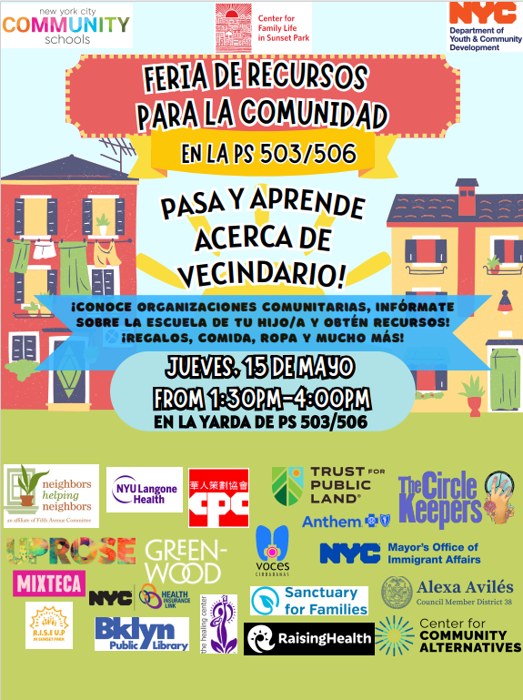 CMAlexaAviles's tweet photo. Community Resource Fair at PS503/506!

Join us May 15 from 1:30-4pm to connect w/ community support orgs, get food, clothes &amp; more!

We are partnering w/ @NHN_BK @NYULangoneBK @GreenwoodCem @UPROSE @cpc_nyc @MixtecaOrg @BKLYNlibrary @raisinghealth_ @tpl_org @CenterforFamSP +more! https://t.co/3VOsu6pAcV