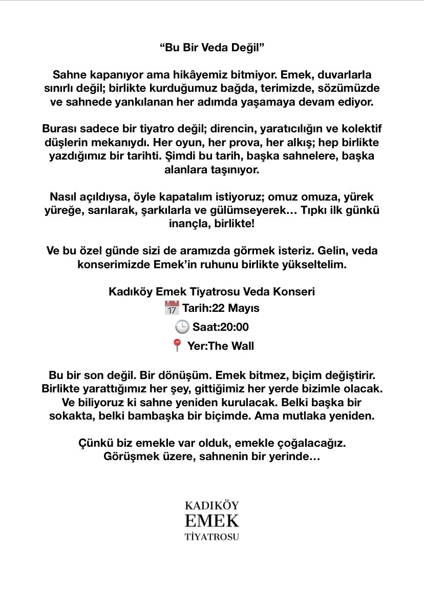 Sahneye Veda Konseri

22 Mayıs Perşembe 20:00
Yer: The Wall Saloon&amp;Performance

Biletler: tiyatrolar.com