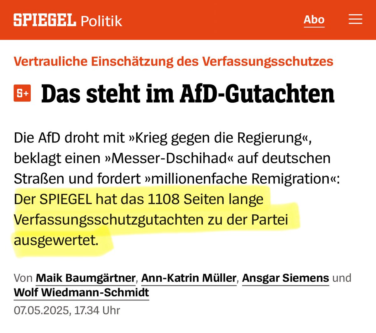Das Gutachten des BfV zur AfD ist so geheim, dass es dem Spiegel komplett vorliegt? Aha. 
spiegel.de/politik/deutsc…