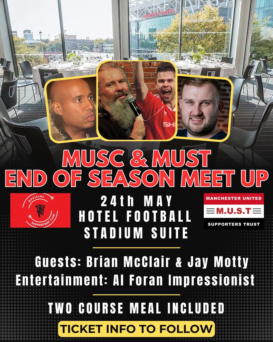 The Life Of Brian (@daytrippingred) on Twitter photo Dinner and a bit of fun to end a tough season?
The brilliant <a href="/BrianMcClair13/">Brian McClair</a> speaks with <a href="/JayMotty/">Jay Motty</a> and <a href="/ImpressionistAL/">Al Foran</a> brings the laughs, 2 course meal included in <a href="/hotelfootballuk/">Hotel Football</a>
Tickets are ยฃ44 inc booking fee ๐
eventbrite.com/e/musc-must-enโฆ Dinner and a bit of fun to end a tough season?
The brilliant <a href="/BrianMcClair13/">Brian McClair</a> speaks with <a href="/JayMotty/">Jay Motty</a> and <a href="/ImpressionistAL/">Al Foran</a> brings the laughs, 2 course meal included in <a href="/hotelfootballuk/">Hotel Football</a>
Tickets are ยฃ44 inc booking fee ๐
eventbrite.com/e/musc-must-enโฆ