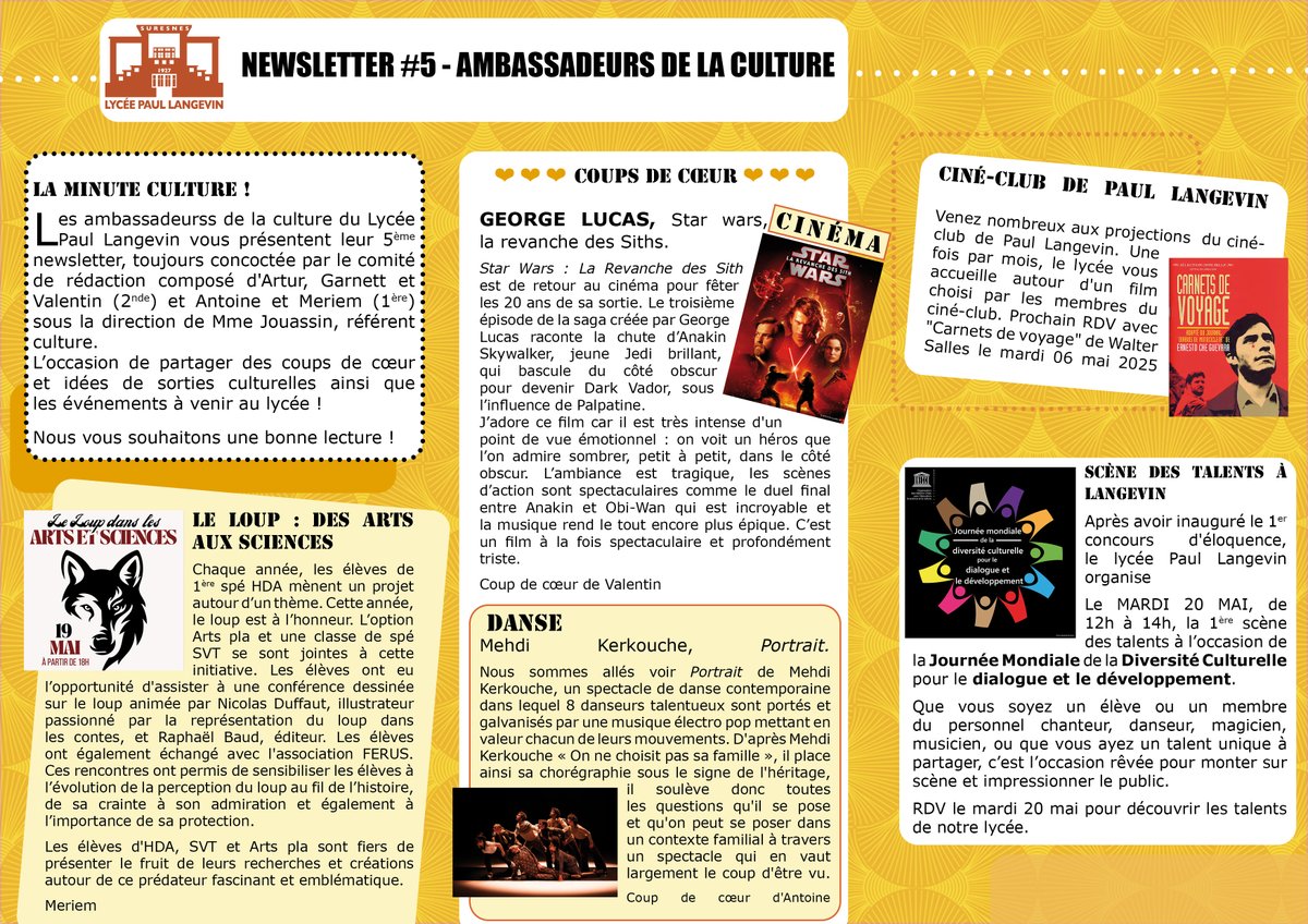 Mélie Jouassin (@jouassin_melie) on Twitter photo La newsletter #5 des ambassadeurs de la culture du <a href="/LangevinLycee/">Lycée Paul Langevin - Suresnes</a> est sortie.
👉 Au programme : de la danse avec <a href="/mehdikerkouche/">Mehdi Kerkouche</a>, du cinéma avec🌟wars, notre scène des talents et la restitution du ProjetACTE sur le 🐺 des arts aux sciences !!!
▶️ lyc-langevin-suresnes.ac-versailles.fr/article958.html La newsletter #5 des ambassadeurs de la culture du <a href="/LangevinLycee/">Lycée Paul Langevin - Suresnes</a> est sortie.
👉 Au programme : de la danse avec <a href="/mehdikerkouche/">Mehdi Kerkouche</a>, du cinéma avec🌟wars, notre scène des talents et la restitution du ProjetACTE sur le 🐺 des arts aux sciences !!!
▶️ lyc-langevin-suresnes.ac-versailles.fr/article958.html