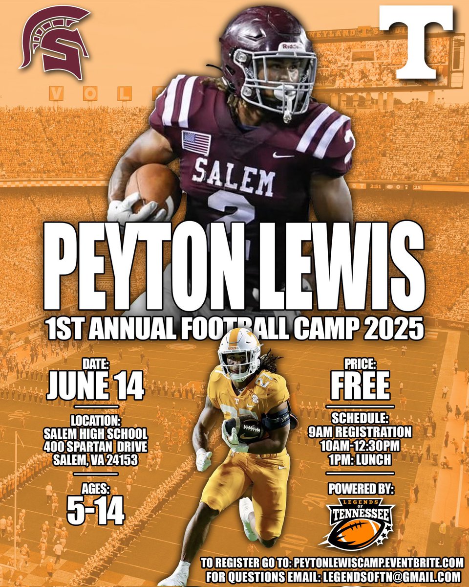ᴘᴇʏᴛᴏɴ”ᴘ”ʟᴇᴡɪs② (@peytonlew2) on Twitter photo Excited to bring my 1st camp to my hometown get registered ASAP!! See y’all June 14th!! For Sponsorship opportunities please email legendsoftn@gmail.com
⬇️Register here!⬇️
PeytonLewisCamp.Eventbrite.com
<a href="/LegendsofTN/">LegendsofTennessee</a>
Come be part of Something Special! Excited to bring my 1st camp to my hometown get registered ASAP!! See y’all June 14th!! For Sponsorship opportunities please email legendsoftn@gmail.com
⬇️Register here!⬇️
PeytonLewisCamp.Eventbrite.com
<a href="/LegendsofTN/">LegendsofTennessee</a>
Come be part of Something Special!