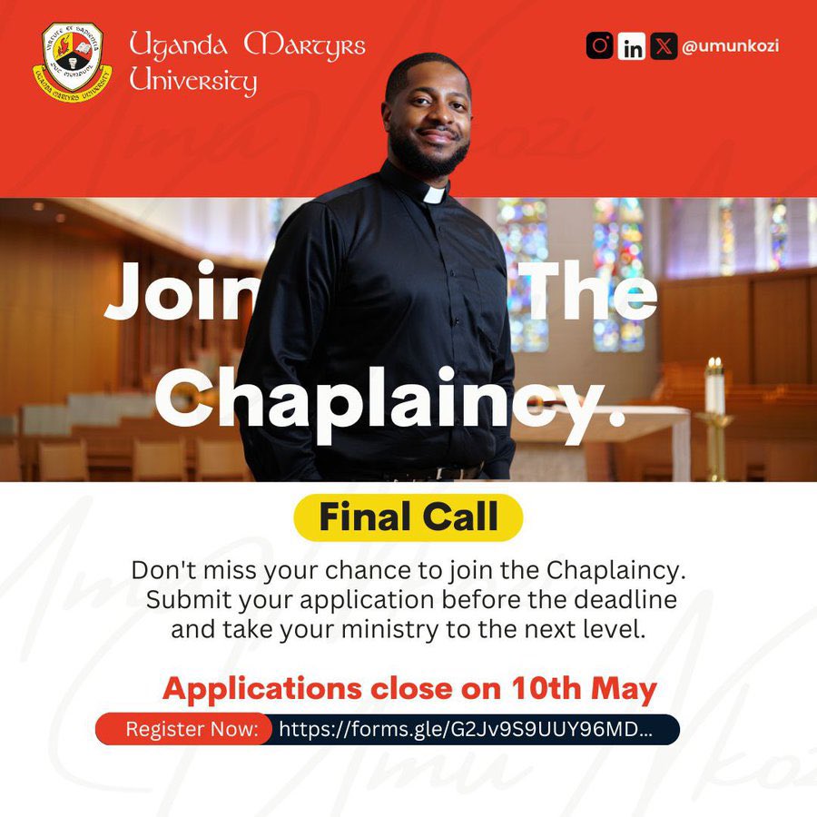 Capital FM Uganda (@capitalfmuganda) on Twitter photo Applications for the 2nd Cohort of the Chaplaincy Short Course at <a href="/umunkozi/">Uganda Martyrs University</a> close 10th May.
Don’t miss your chance to grow in chaplaincy, ethics, mental health, and spiritual leadership.
Register here: forms.gle/G2Jv9S9UUY96MD…
#Chaplaincy #ExperienceTheUMUDifference Applications for the 2nd Cohort of the Chaplaincy Short Course at <a href="/umunkozi/">Uganda Martyrs University</a> close 10th May.
Don’t miss your chance to grow in chaplaincy, ethics, mental health, and spiritual leadership.
Register here: forms.gle/G2Jv9S9UUY96MD…
#Chaplaincy #ExperienceTheUMUDifference