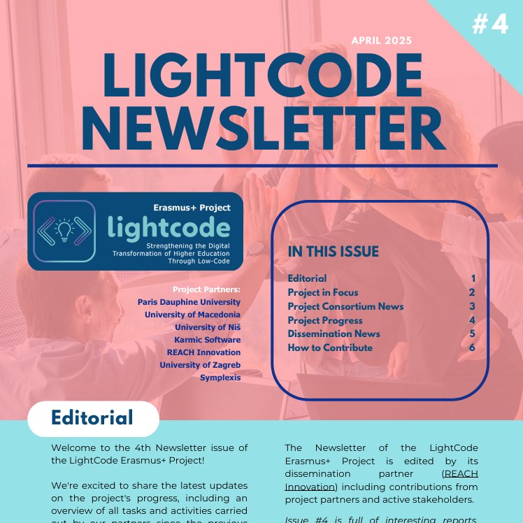 Exciting news from the #LightCode #ErasmusPlusProject!💯Our 4th Newsletter is now available: drive.google.com/file/d/1k88K0K…✨

Give it a read and let us know your thoughts! 🚀

#ErasmusPlus #digitaltransformation #lowcode #education #digital #project_lightcode_2022_2025 #Newsletter