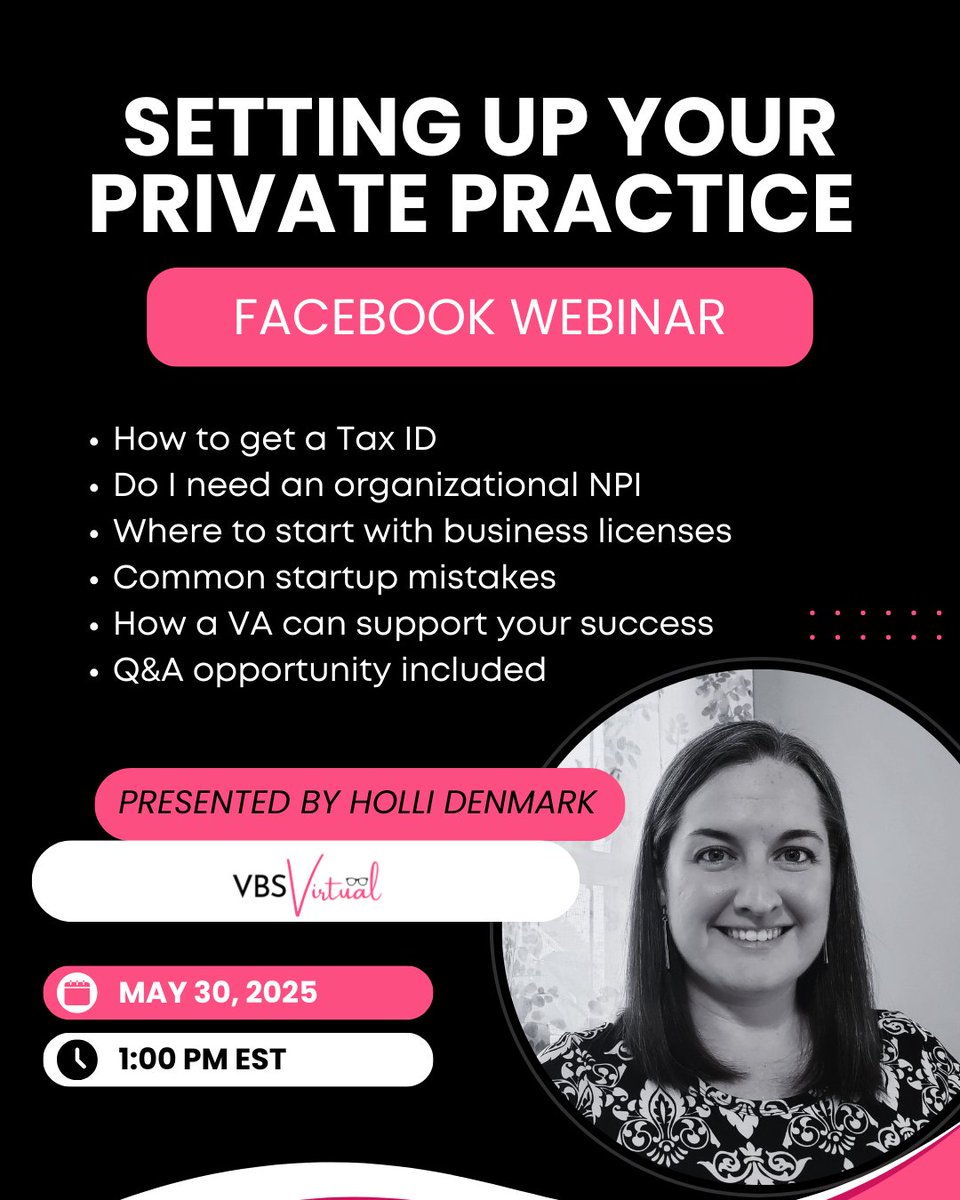 vbsvirtual's tweet image. 🚨 Starting a private practice? Don’t miss this webinar!
✔️ Tax ID, NPI, business licenses
✔️ VA support &amp;amp; startup tips
🗓️ May 30 | 1 PM EST
🎯 Limited spots → bit.ly/3GWlc85 
#PrivatePracticeTips #TherapistStartup #VBSVirtual