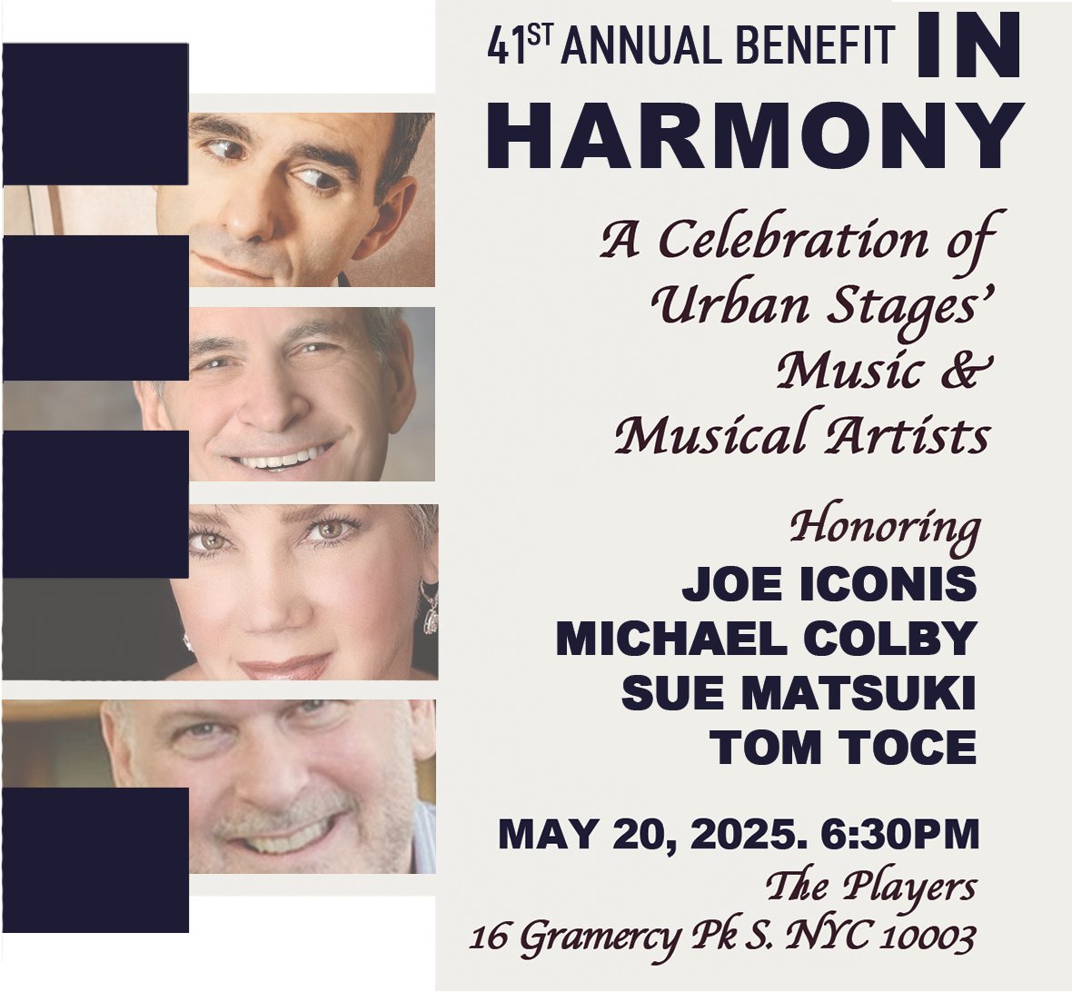 Learn more about our 41st annual benefit featuring musical performances, great food, and an exclusive auction, honoring Joe Iconis (#BeMoreChill), and Urban Stages' own Michael Colby, Sue Matsuki, and Tom Toce! urbanstages.org/benefit2025
