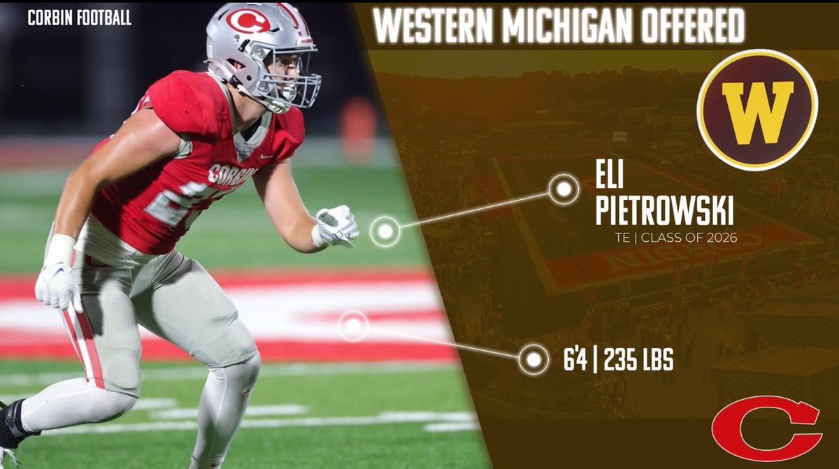 Eli Pietrowski (@elipietrowski23) on Twitter photo Blessed!! After a great workout with <a href="/RedhoundFball/">Redhound Football</a> and speaking with <a href="/Drew_Moulton/">Drew Moulton</a> this morning
I received an offer to <a href="/WMU_Football/">Western Michigan Football</a>
Thank you!!!
<a href="/coachsalmons1/">Luke Salmons</a>
<a href="/KYHighFootball/">KY HIGH FOOTBALL 🏈</a> Blessed!! After a great workout with <a href="/RedhoundFball/">Redhound Football</a> and speaking with <a href="/Drew_Moulton/">Drew Moulton</a> this morning
I received an offer to <a href="/WMU_Football/">Western Michigan Football</a>
Thank you!!!
<a href="/coachsalmons1/">Luke Salmons</a>
<a href="/KYHighFootball/">KY HIGH FOOTBALL 🏈</a>