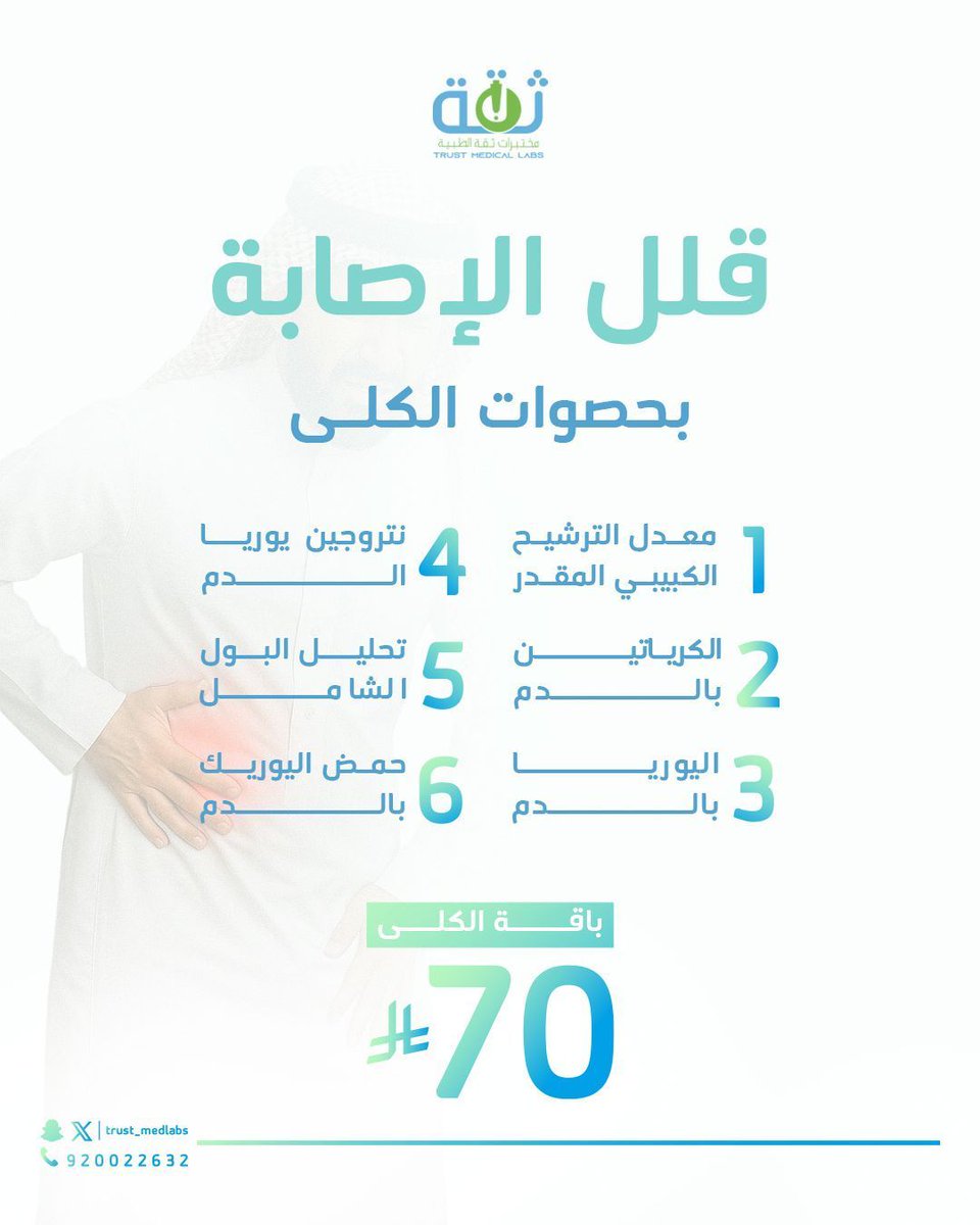 حصى الكلى مو مزحة! 
ألم مفاجئ في أسفل البطن أو الظهر؟ ممكن يكون بسبب الحصوات!
الأعراض ممكن توصل لغثيان وصعوبة في التبول 

 لا تنتظر يشتد الألم...تطمن على الكلى 
احجز باقة الكلى الآن واطمّن على صحتك مع مختبرات ثقة 

#الكلى
#كلوي
#المغص 
#تحاليل
#مختبرات
#تشخيص
#تحاليلك
#فحص
#مخبر