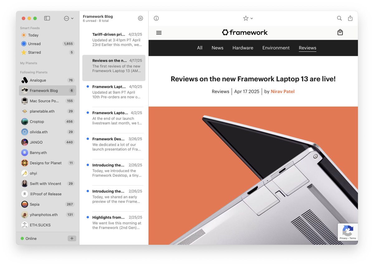 Two of my favorite hardware companies. Both have RSS links on their homepage:

- <a href="/FrameworkPuter/">Framework</a> Framework - frame.work/blog.rss
- <a href="/analogue/">Analogue</a> Analogue - analogue.co/feed