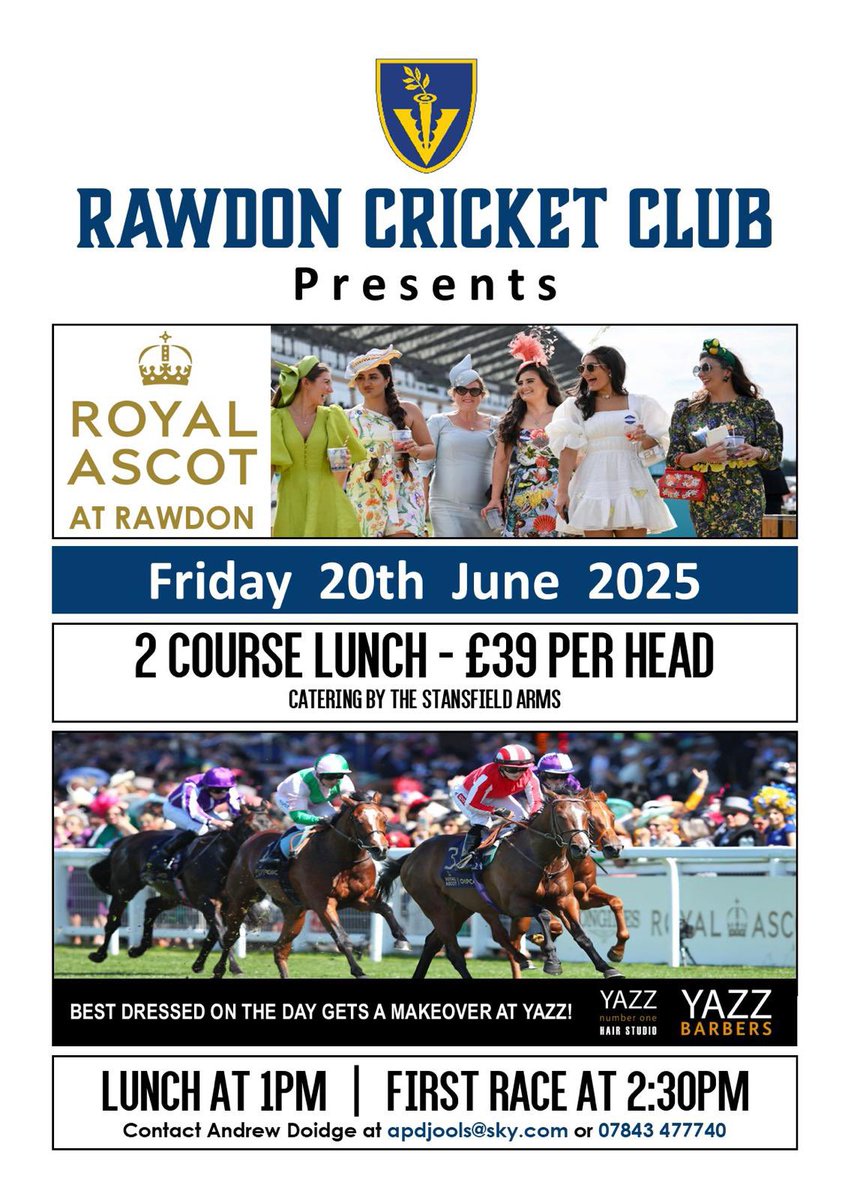 Rawdon Cricket Club (@rawdoncc) on Twitter photo 🐎 On Friday 20th June Royal Ascot at RCC! 🐎
Dress to impress - Gentlemen and Ladies alike. 🕺🏻💃🏻 Yazz Hair are very generously providing PRIZES for best dressed! 🎁
To book contact Andrew Doidge on 07843 477740 or email: apdjools@sky.com
pitchero.com/clubs/rawdoncr… 🐎 On Friday 20th June Royal Ascot at RCC! 🐎
Dress to impress - Gentlemen and Ladies alike. 🕺🏻💃🏻 Yazz Hair are very generously providing PRIZES for best dressed! 🎁
To book contact Andrew Doidge on 07843 477740 or email: apdjools@sky.com
pitchero.com/clubs/rawdoncr…