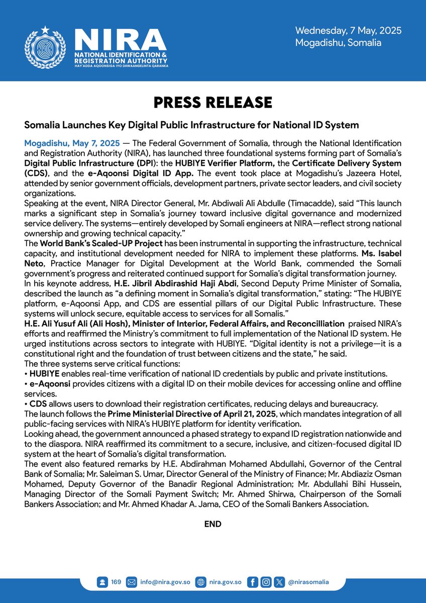 📢 Read below for the press release on the launch of NIRA's DPI Systems: HUBIYE, CDS, and eAqoonsi. Exciting advancements ahead! #NIRA2025