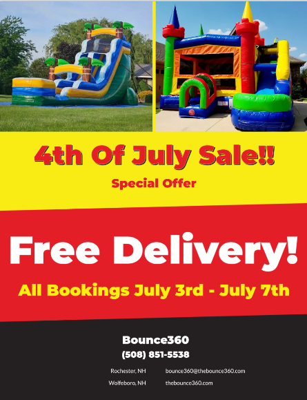 TheBounce360's tweet photo. 🎆 4th of July Special! 🎆

📅 Book with Bounce360 between July 3–7 and get FREE delivery on all rentals!

🎈 Bounce houses, water slides &amp; combos — perfect for parties!

📍 Check out our delivery zone below!

📞 Call (508) 851-5538 or visit https://t.co/wiPhjuU5eV to book now! https://t.co/GiJbW7EruD