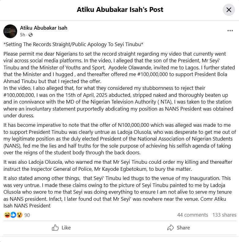 DavidHundeyin's tweet photo. When I see Nigerians saying stuff like "There's an atmosphere of fear in Burkina Faso," I always wonder to myself, "what planet are these people living on?"

This guy is a factional president of the Nigerian Association of Nigerian Students who recently had his face broken by the Nigerian president's son, who is also trying to run for governor of Nigeria's richest state while his father is president.

Thugs working for the president's son brutalised this guy, detained him, seized his phone, and forced him to post this statement on his Facebook account before releasing him. Remember this is at the behest of the president's *son* not even the president himself.

Is there no culture of fear in Nigeria? Is it not 50 times worse in your country? Why are you rubbernecking into a country 1,000+ km away that you don't even share a border with when you have this kind of problem to deal with? I haven't seen thugs working for Ibrahim Traore going around beating up Burkinabe students and forcing them to post pro-regime messages on their social media - it's your "democratically elected" president's SON that is doing that.

You people should be for fucking real.
