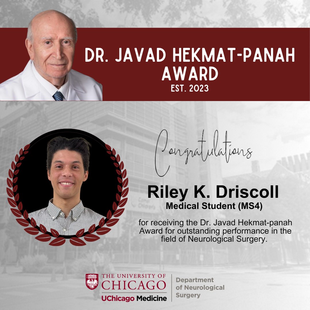 🎉 Congratulations to Riley!
We are thrilled to announce that Riley has been selected as the recipient of the 2025 Dr. Javad Hekmat-panah Award for Outstanding Performance in Neurological Surgery 🧠✨👏🎓
#neurosurgery #uchicagomed #futureneurosurgeon  #excellenceinmedicine