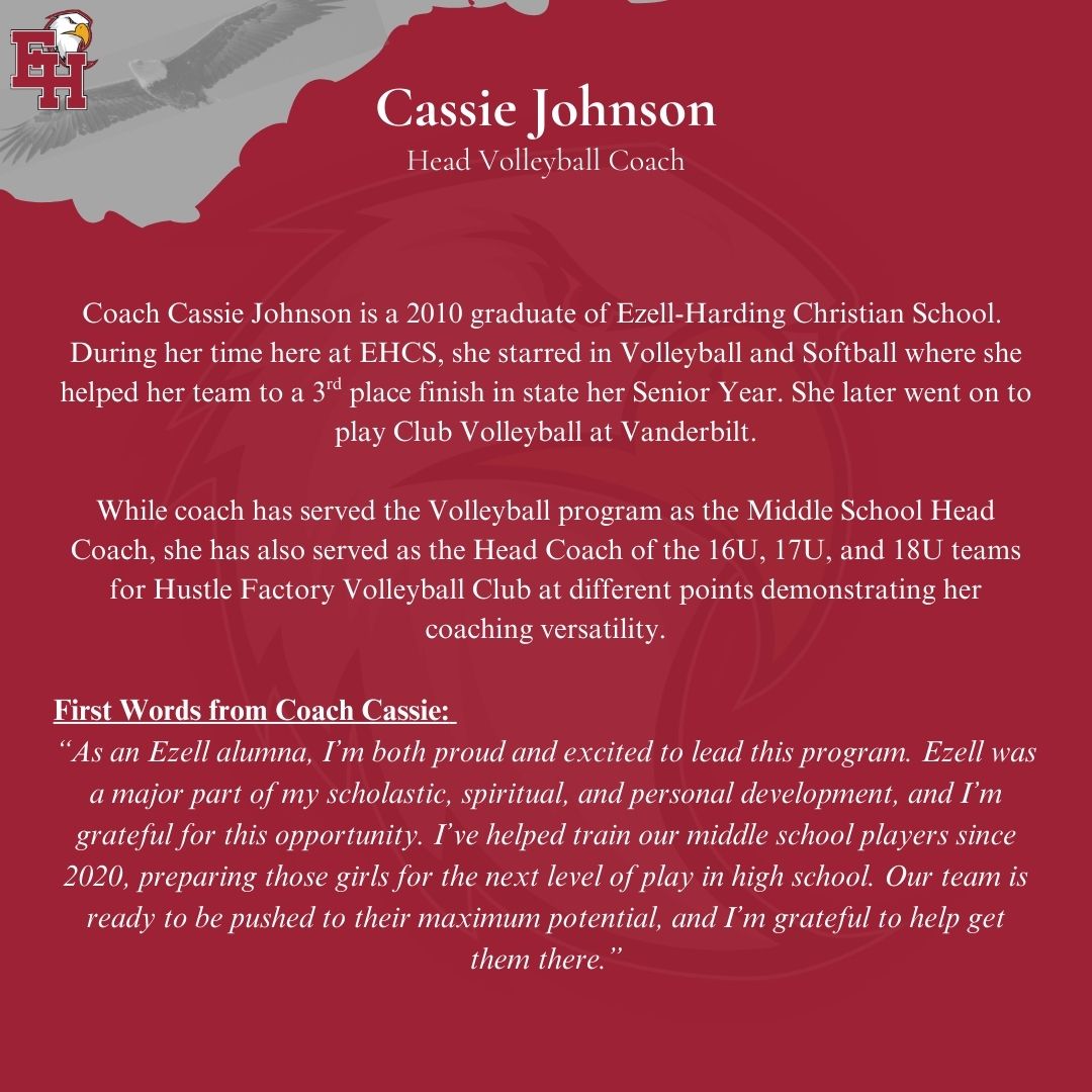 EHCS Athletics (@ehcsathletics) on Twitter photo Please join us in welcoming Coach Cassie Johnson! Weโre excited for the upcoming season and canโt wait to see the positive impact she will make in our Volleyball Program and our community!
GO EAGLES!
<a href="/TSSAA/">TSSAA</a> <a href="/Kreager/">๐๐๐ ๐พ๐๐๐๐๐๐</a> <a href="/615Preps/">615 Preps</a> <a href="/MainStreetPreps/">Main Street Preps</a> <a href="/NashvillePreps/">TN Prep Sports</a> <a href="/TnDIIAthletics/">Division II</a> Please join us in welcoming Coach Cassie Johnson! Weโre excited for the upcoming season and canโt wait to see the positive impact she will make in our Volleyball Program and our community!
GO EAGLES!
<a href="/TSSAA/">TSSAA</a> <a href="/Kreager/">๐๐๐ ๐พ๐๐๐๐๐๐</a> <a href="/615Preps/">615 Preps</a> <a href="/MainStreetPreps/">Main Street Preps</a> <a href="/NashvillePreps/">TN Prep Sports</a> <a href="/TnDIIAthletics/">Division II</a>