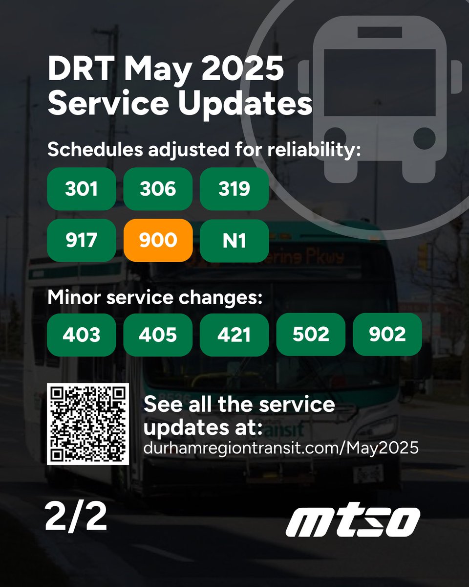 ICYMI: Check out the service changes made in Durham as part of the 2025 Durham Region Budget! 

For more information, see all the updates at:
durhamregiontransit.com/May2025