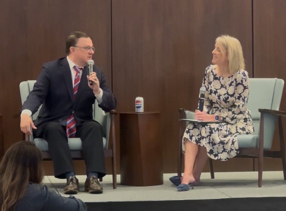 Speaker <a href="/RepMattHall/">Speaker Matt Hall</a> talks with <a href="/wendyblock/">Wendy Block</a> and #ChamberDay2025 attendees about his leadership approach, priorities and the legislative road ahead