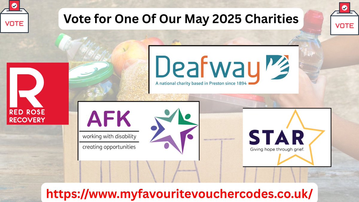 Introducing the incredible charities taking part in our My Favourite Voucher Codes charity poll this May!
Cast your FREE vote today and help one of these good causes win a donation of 20% of our profits: <a href="/RRR_LUF/">Red Rose Recovery</a>  @AFK <a href="/deafwayorg/">Deafway</a>  and <a href="/STARBereavement/">Star Bereavement</a> 
- myfavouritevouchercodes.co.uk