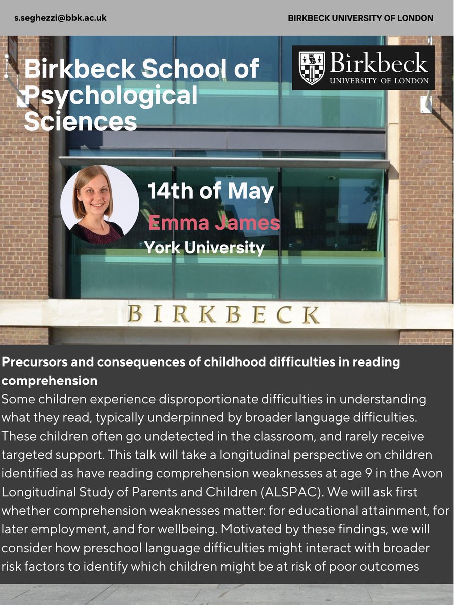 Birkbeck School of Psychological Sciences (@bbkpsychology) on Twitter photo Please join us for our next Seminar Session on Wed, 14th May 1-2pm when Dr <a href="/emljames/">Emma James</a> will be discussing 'Precursors & consequences of childhood difficulties in reading comprehension'. <a href="/BirkbeckScience/">Birkbeck, Faculty of Science</a> Please join us for our next Seminar Session on Wed, 14th May 1-2pm when Dr <a href="/emljames/">Emma James</a> will be discussing 'Precursors & consequences of childhood difficulties in reading comprehension'. <a href="/BirkbeckScience/">Birkbeck, Faculty of Science</a>
